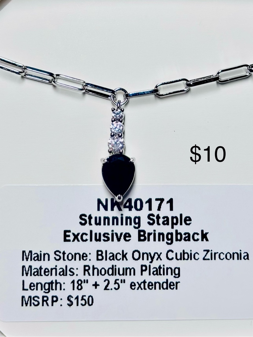 Stunning Black Onyx Teardrop Necklace with CZ Accents